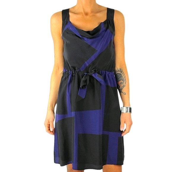 Mexx Midi Tank Dress Size 8 Blue Black Waist Tie - Picture 1 of 5